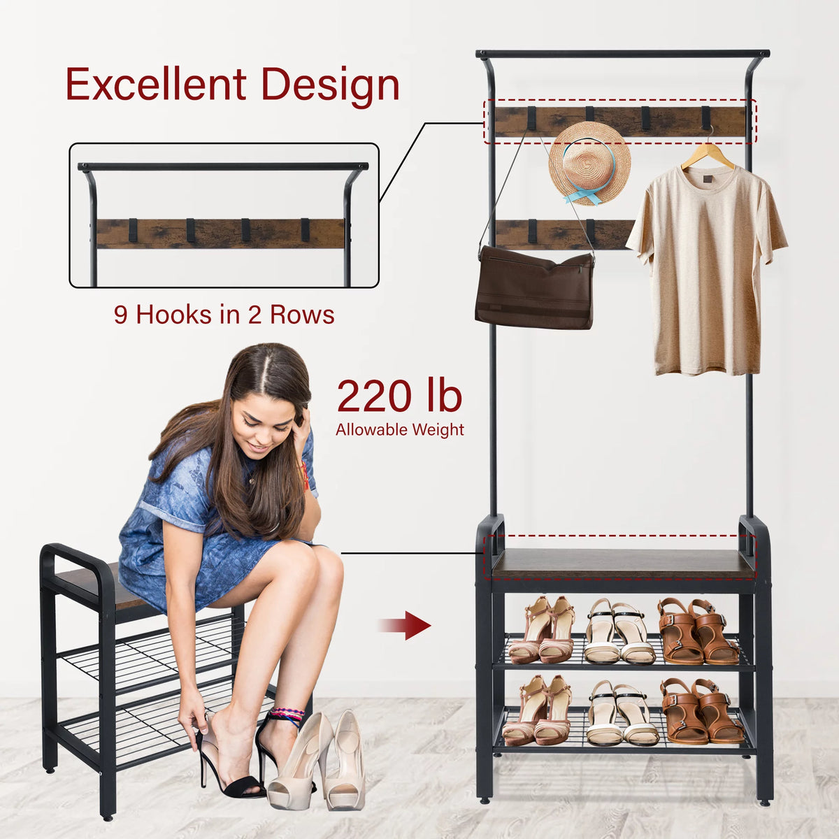 Freestanding Coat Rack with Shoe Bench R860525
