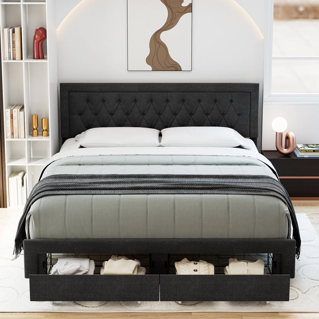 Queen Size Black PU Leather Upholstered Platform Bed Frame I82991