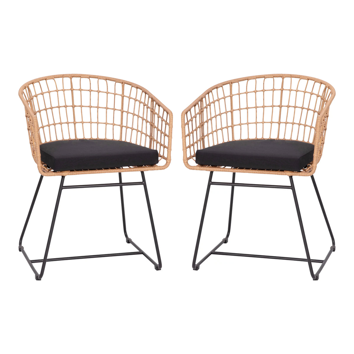 Set of 2 Indoor/Outdoor Rope PE Wicker Rattan Club Chairs with Black Cushions Z1237