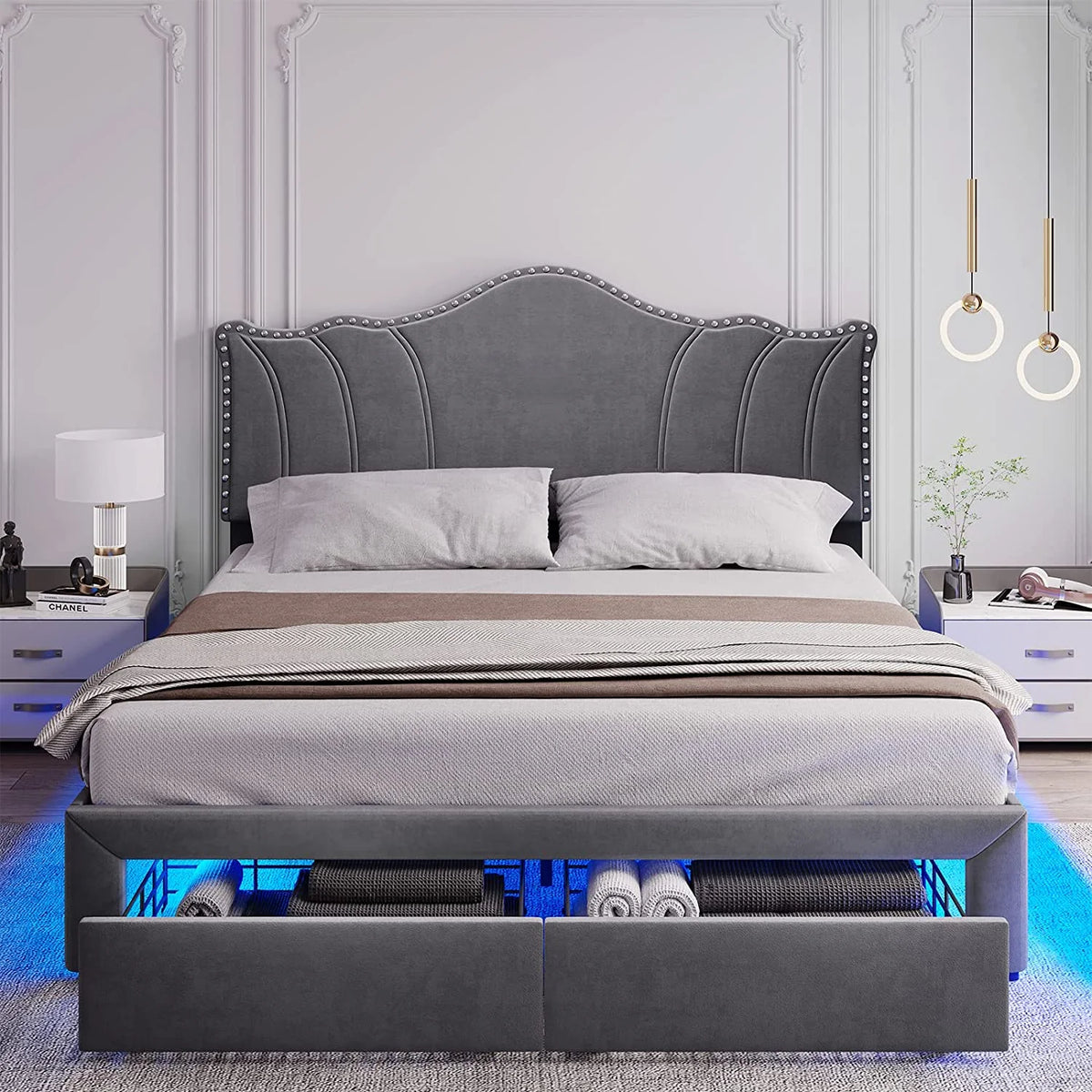 Queen Size Velvet Upholstered Platform Bed Frame with 2 Storage Drawers and LED Lights A1641