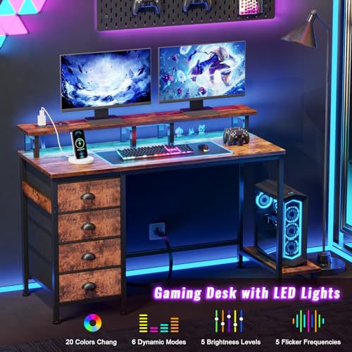 47" Computer Gaming Desk with Monitor Stand, 4 Fabric Drawers & Power Outlets, LED Lights, Rustic Brown R24202