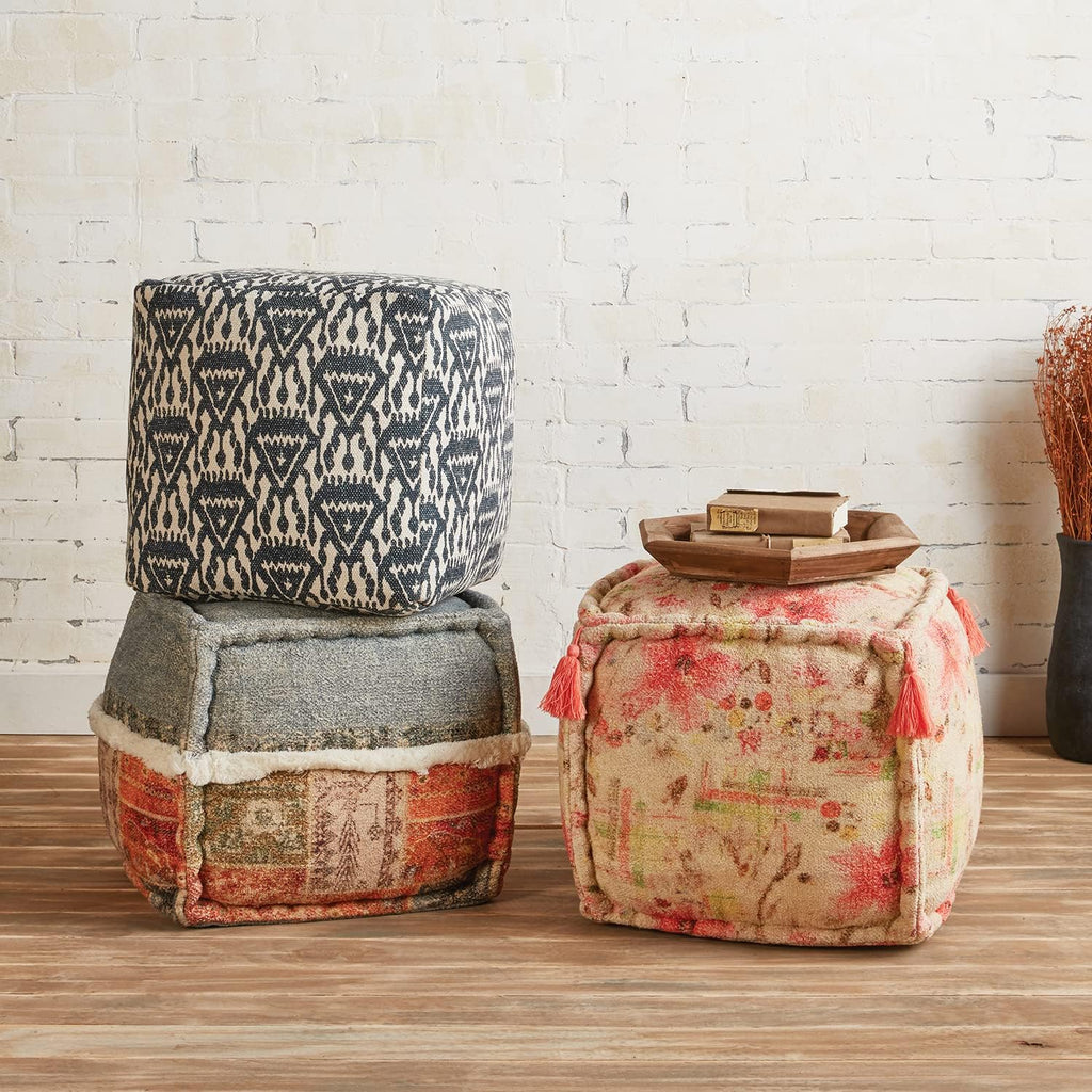Floral Print Fabric Foot Stool Ottoman Pouf, 16" x 16" D830