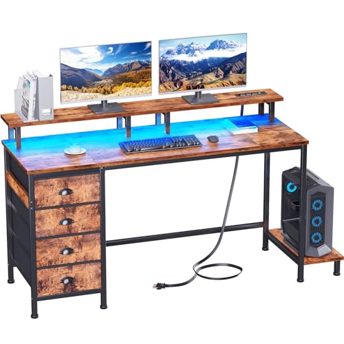 47" Computer Gaming Desk with Monitor Stand, 4 Fabric Drawers & Power Outlets, LED Lights, Rustic Brown R24202