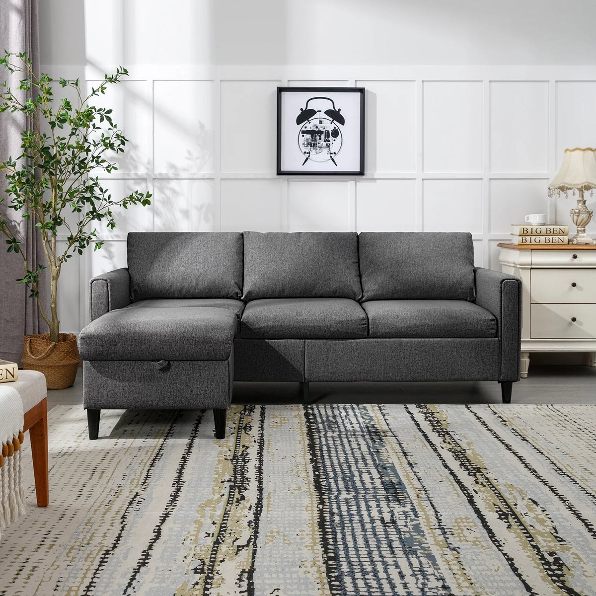Small Sectional Sofa 3 Seater with Storage Ottoman Light Grey P484