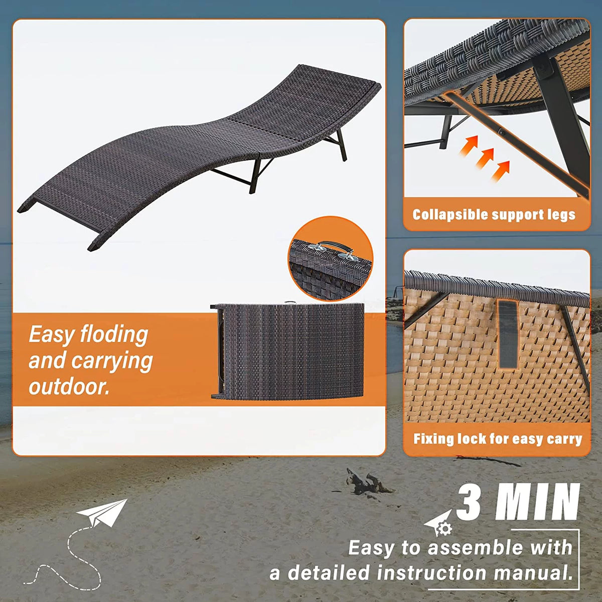 Rattan Adjustable Back 3 Pieces Cushioned Patio Chaise Lounge G735