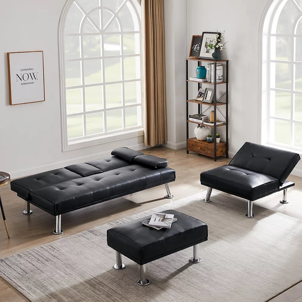 Faux Leather Convertible Futon Sofa Bed with Cup Holders E452296