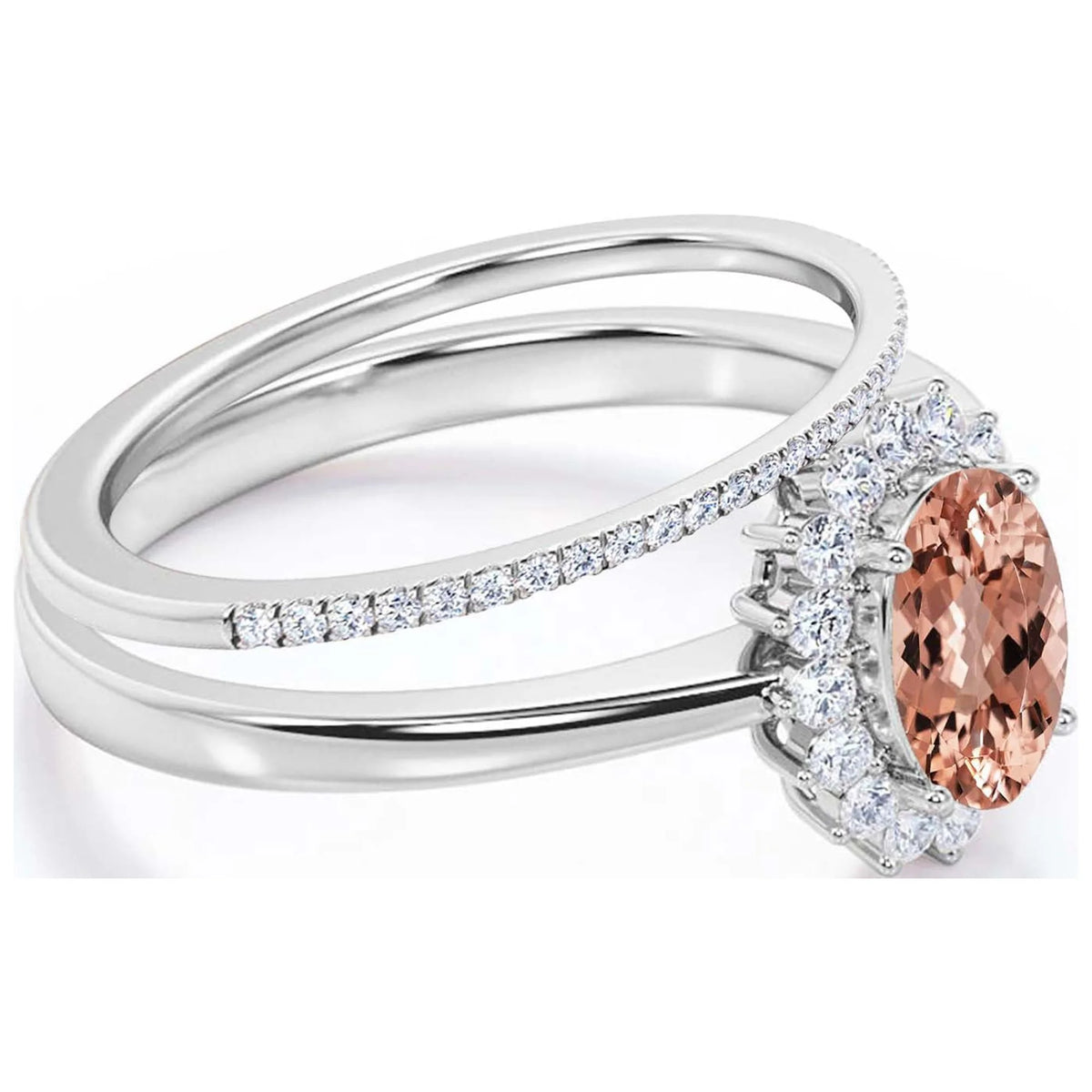 2.00 Carat Oval Morganite And Diamond Moissanite Engagement Ring With Matching Band in 925 Sterling Silver U483790