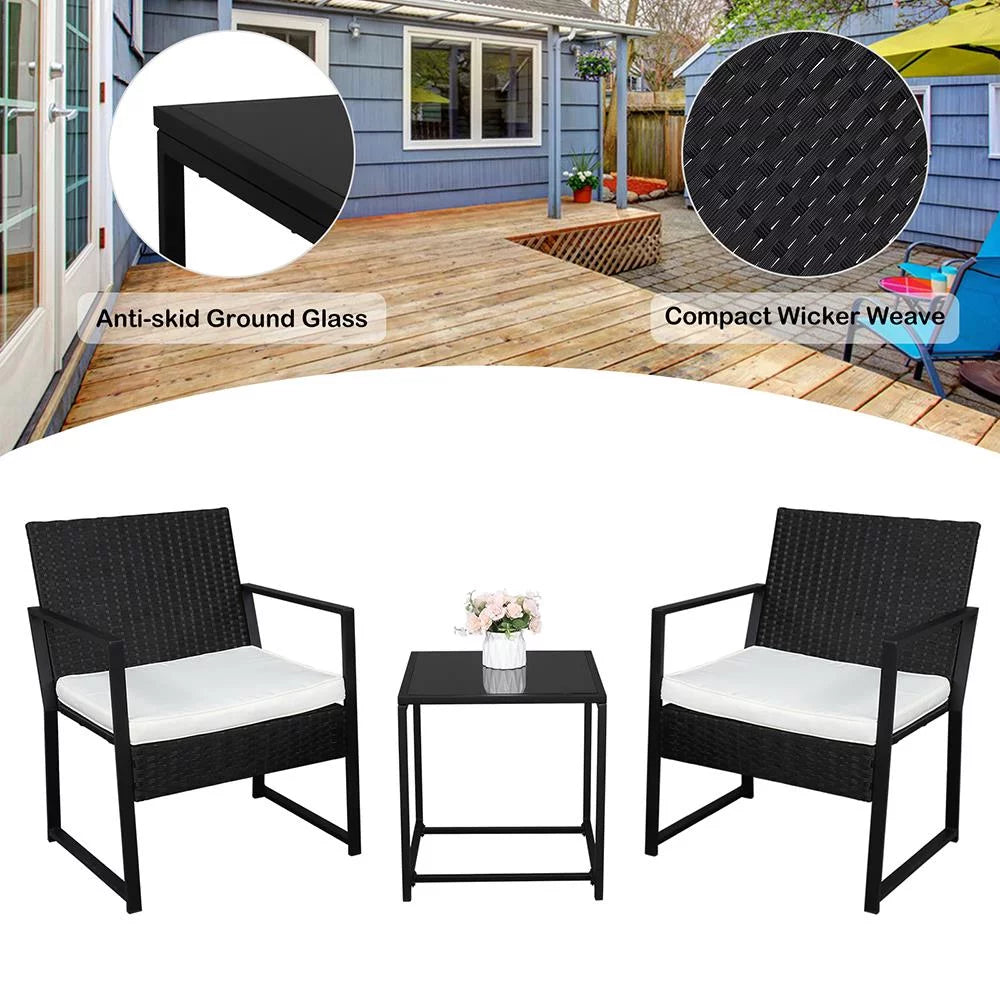 Black 3-Piece Faux Wicker Rattan Chair Conversation Set with Cushion Q1029