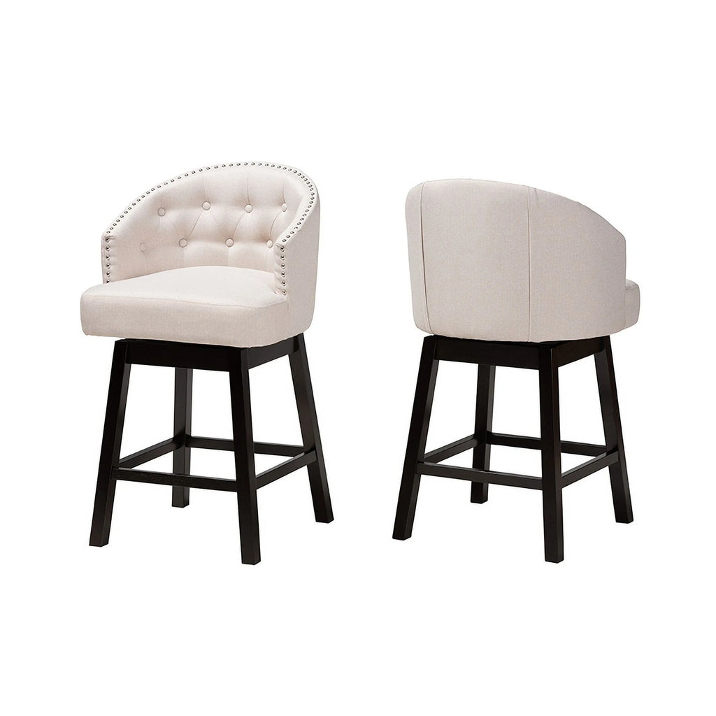 Light Beige Fabric and Espresso Brown Finished Wood 2-Piece Swivel Counter Chair L257974