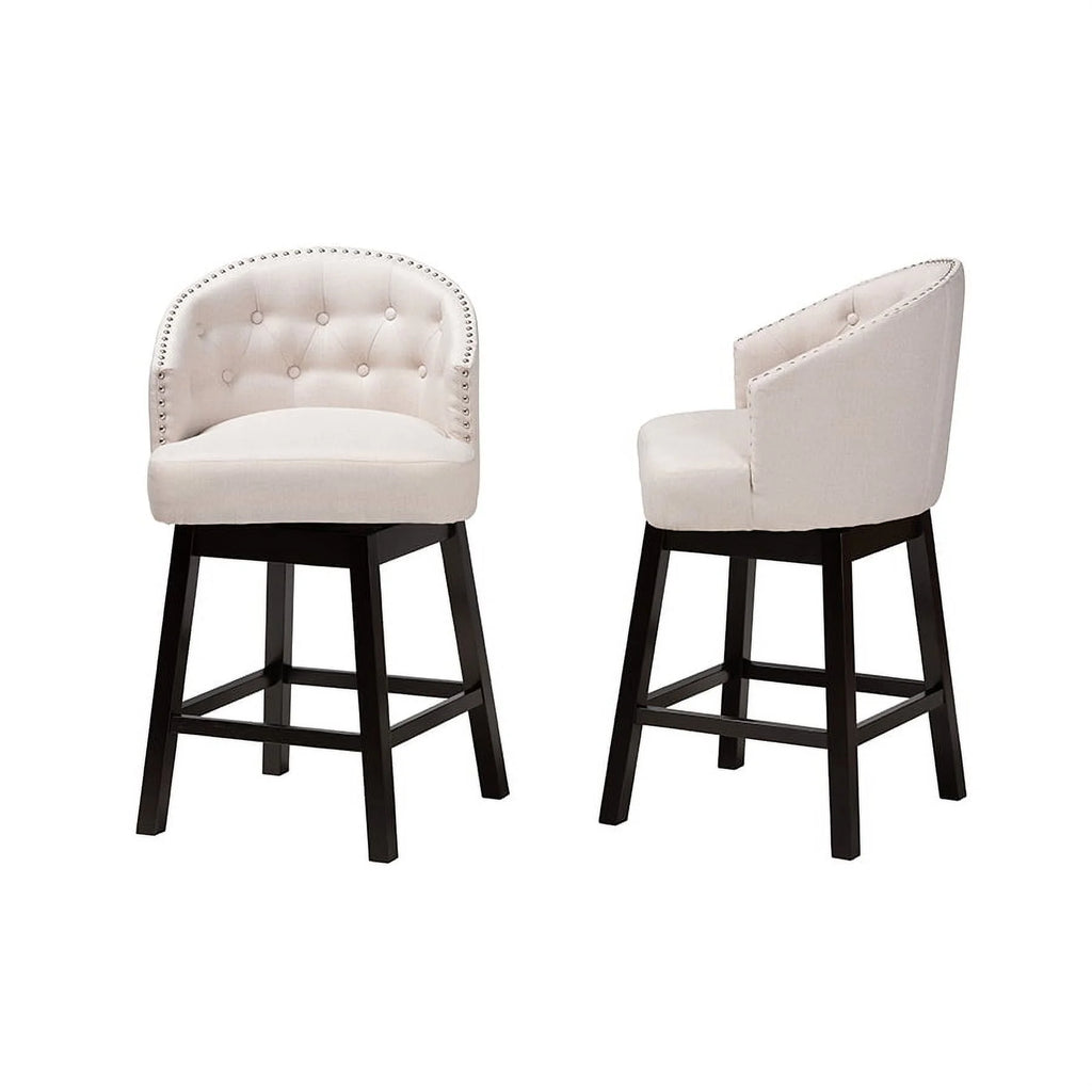 Light Beige Fabric and Espresso Brown Finished Wood 2-Piece Swivel Counter Chair L257974