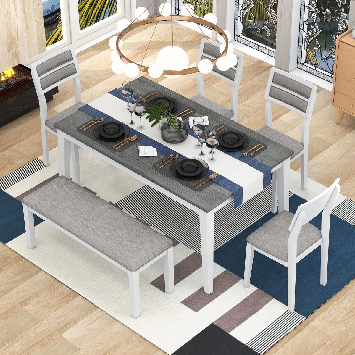 6 Piece Dining Table and Chair Set with 4 Upholstered Chairs and 1 Upholstered Bench P61631
