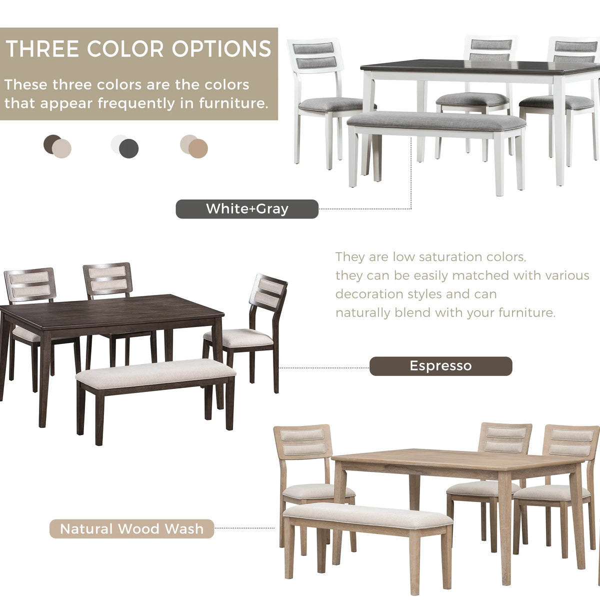 6 Piece Dining Table and Chair Set with 4 Upholstered Chairs and 1 Upholstered Bench P61631