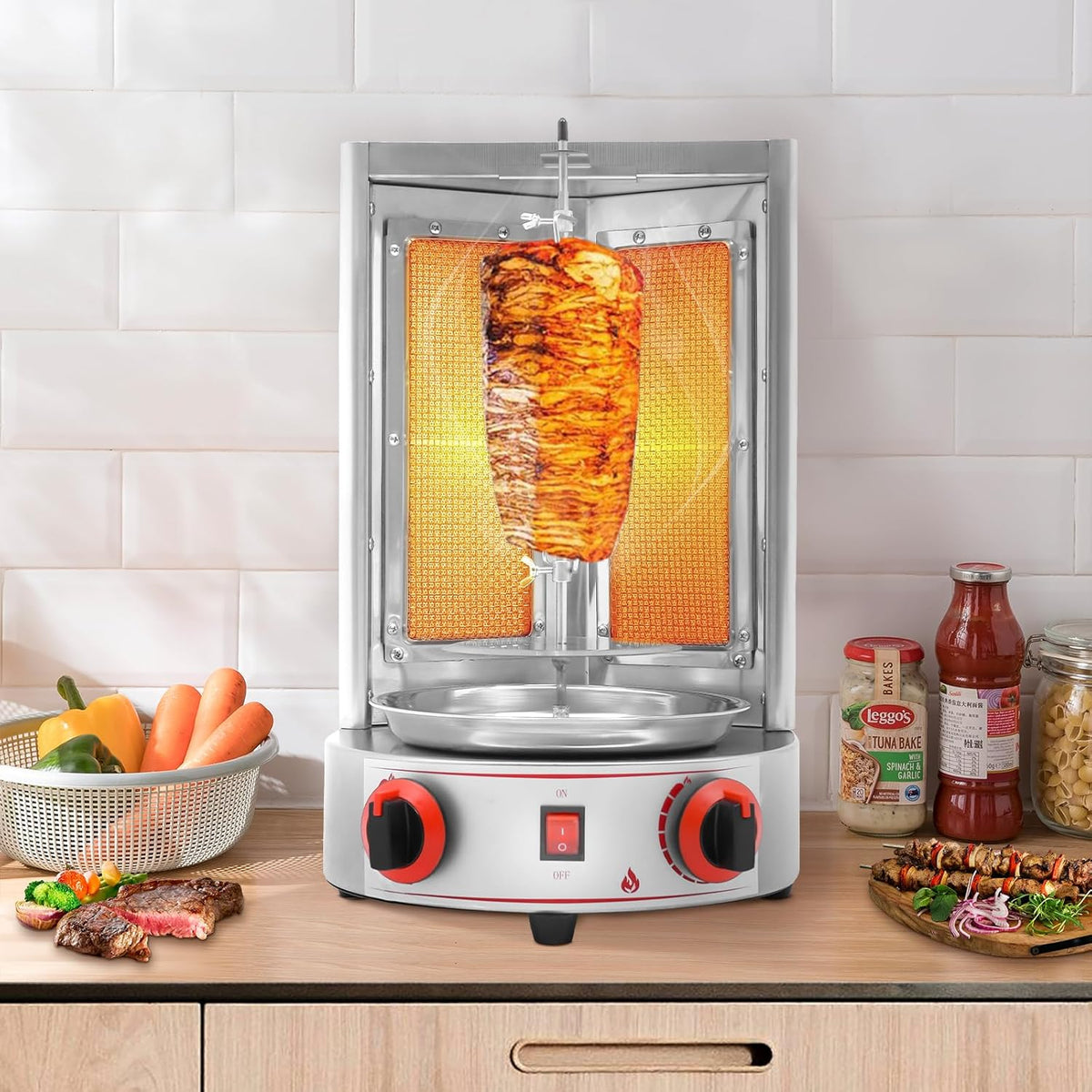 Stainless Countertop Gas Vertical Broiler Rotisserie Grill with 2 Burners A238