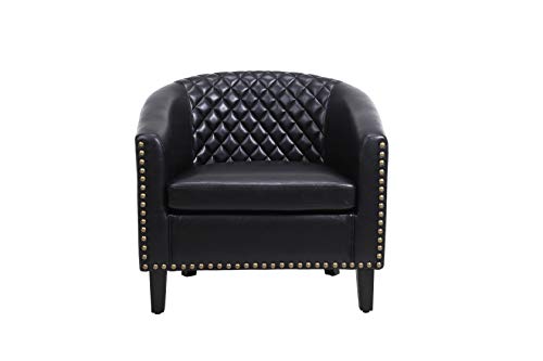 Black Leather Barrel Chair with Nail Head and Wood Legs W4456