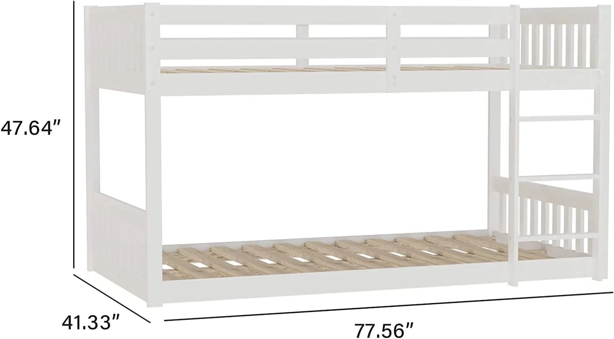 White Wood Twin Over Twin Bunk Bed with Guardrails & Ladder U129