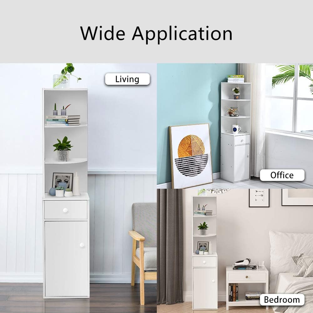 White Tall Corner Storage Cabinet with Doors and Three Tier Shelves E7782