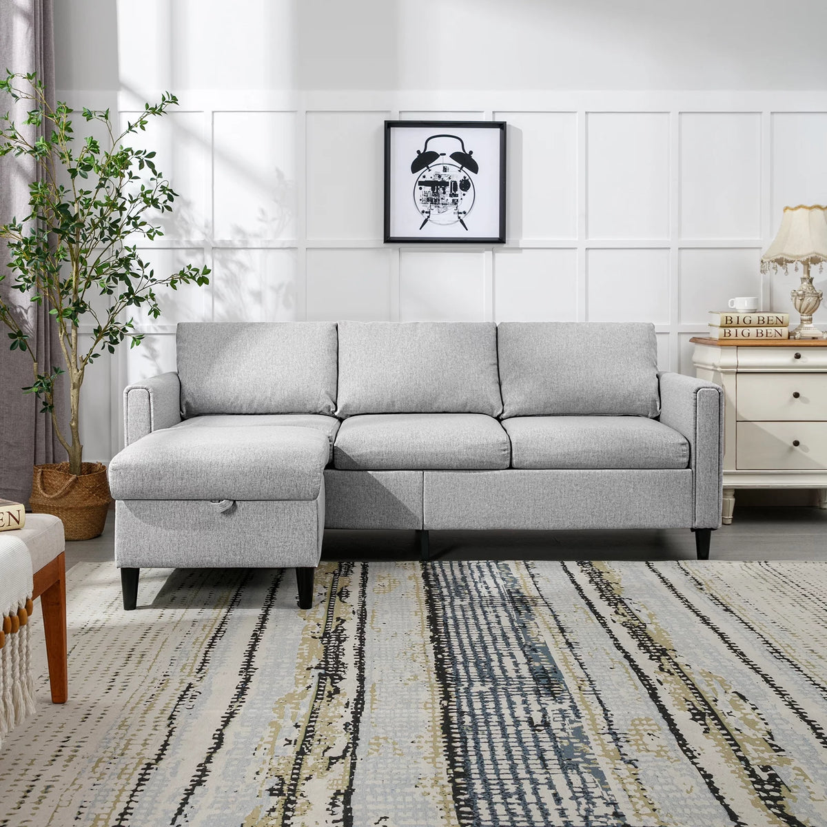 Small Sectional Sofa 3 Seater with Storage Ottoman Light Grey P484