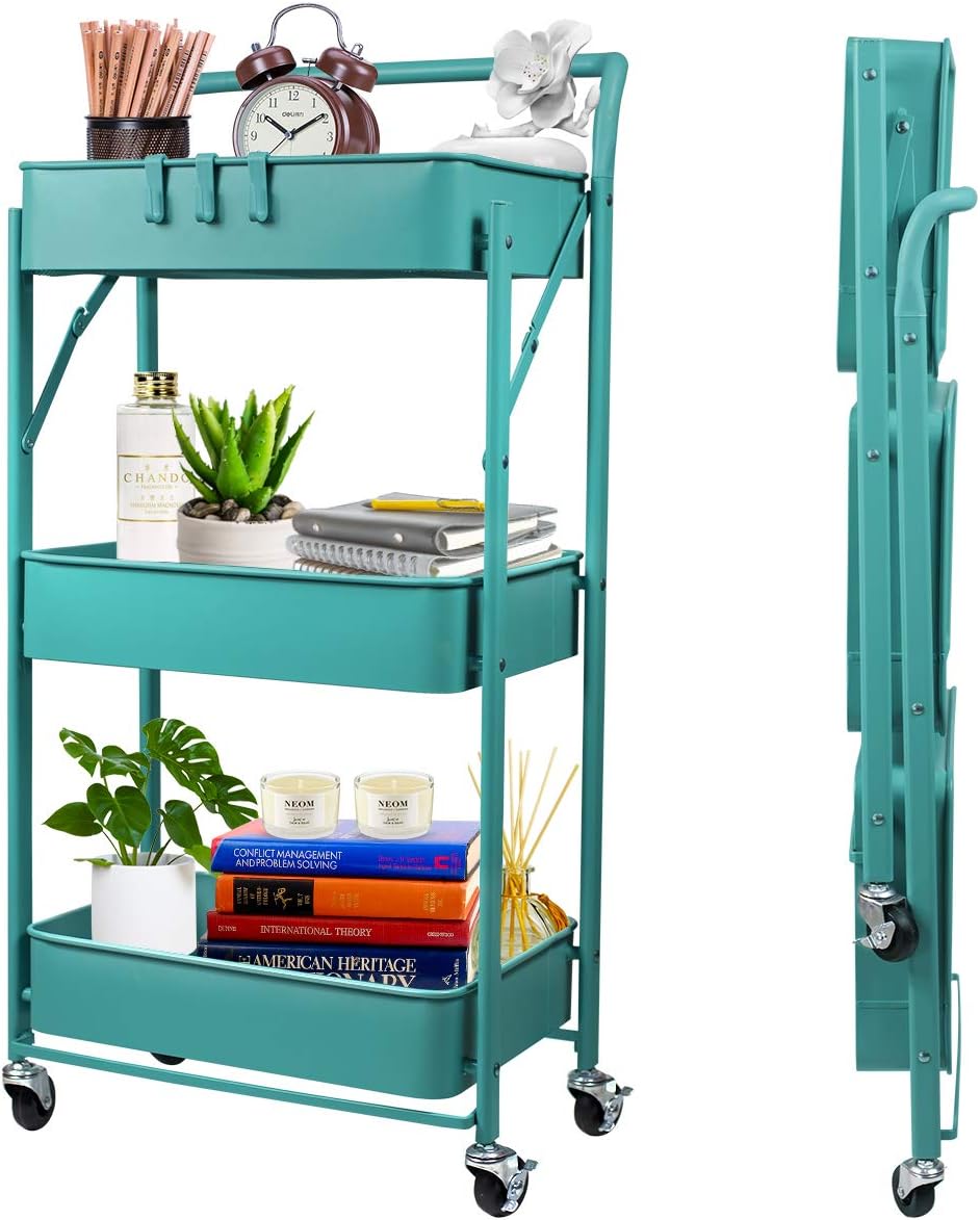 Blue Yellow 3-Tier Metal Rolling Utility Cart with Lockable Caster Wheels F3635