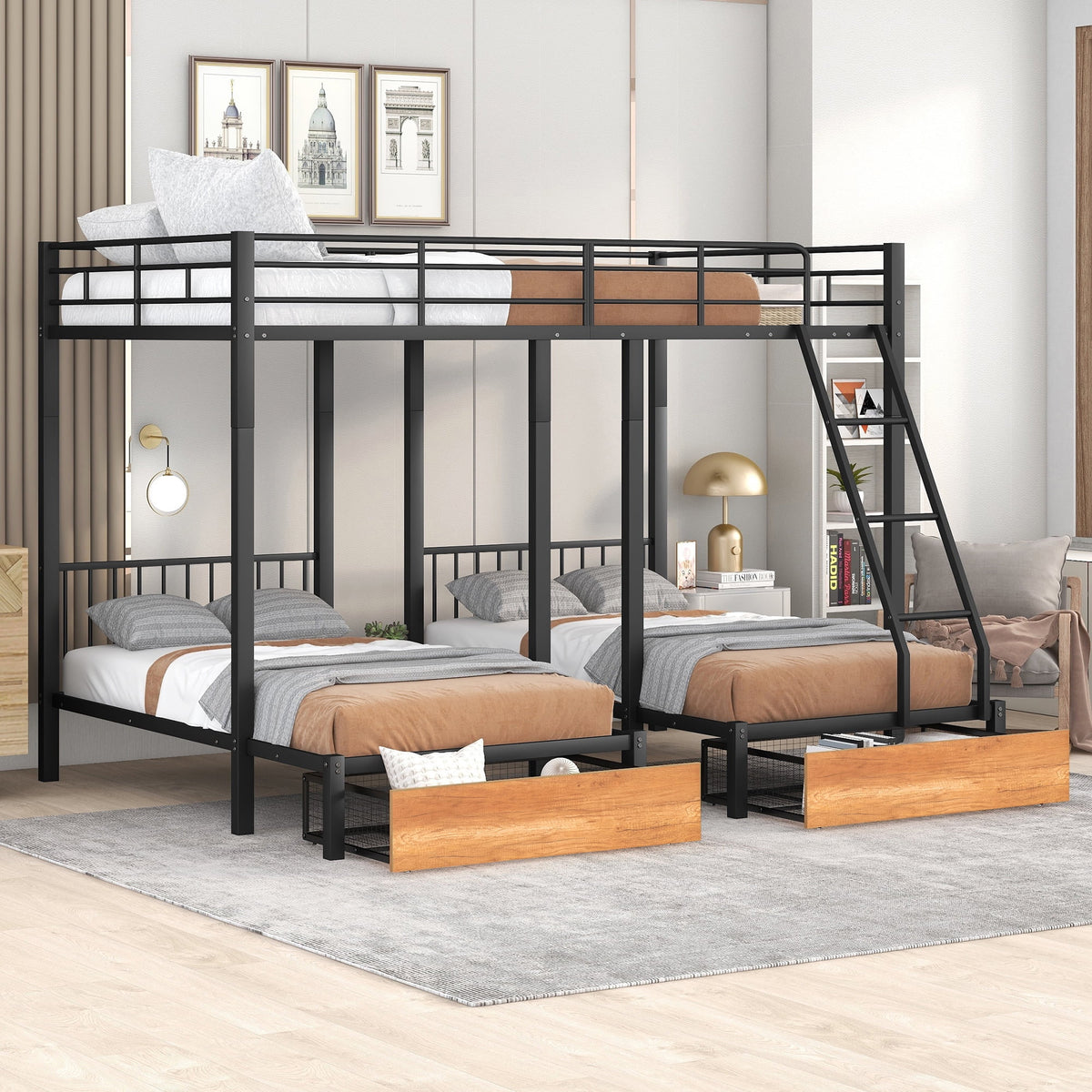 Black Metal Triple Bunk Bed with Drawers J3815