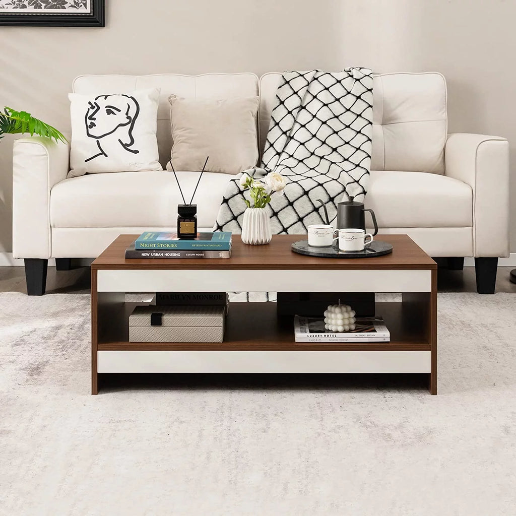 37 Inch Two-Tier Wooden Coffee Table with Storage Shelf X428