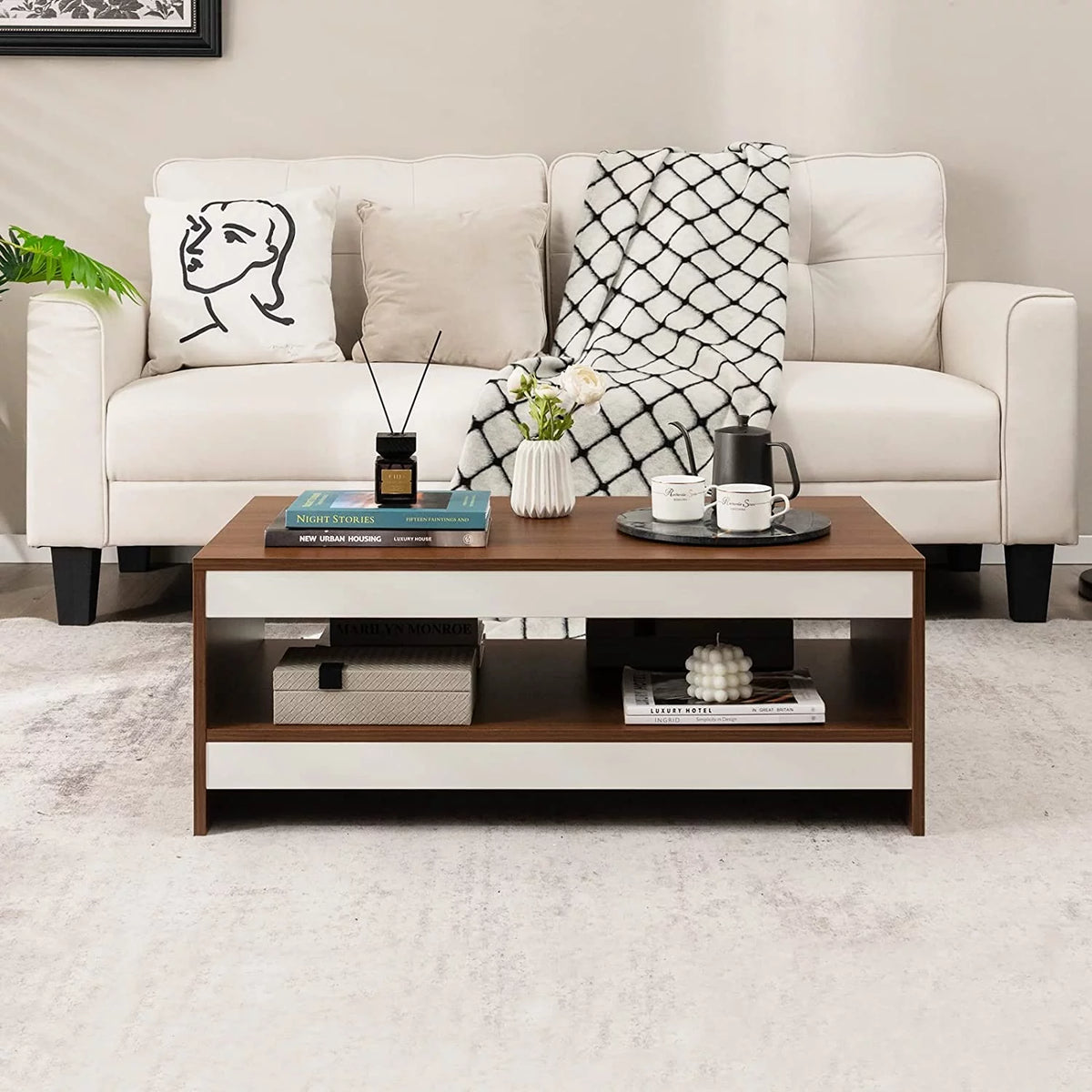 37 Inch Two-Tier Wooden Coffee Table with Storage Shelf X428