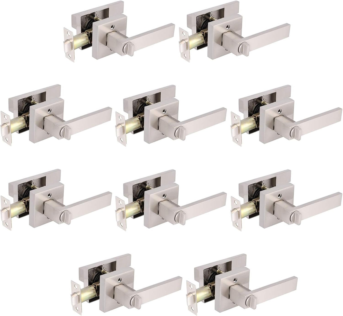 Satin Nickel Square Privacy Door Handles Leverset Lockset 10Pack P69728