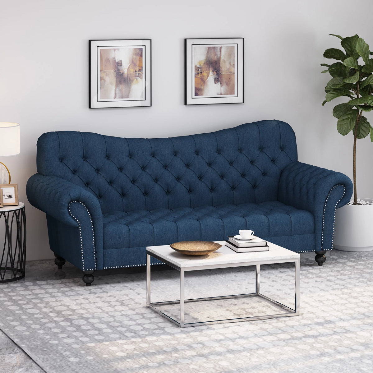 Navy Blue and Dark Brown 3 Seater Fabric Sofa V6998