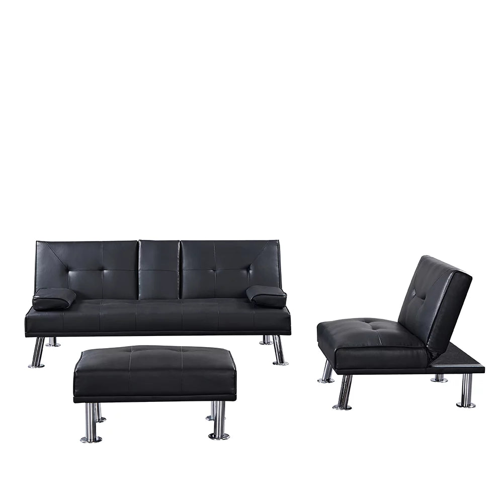 Faux Leather Convertible Futon Sofa Bed with Cup Holders E452296