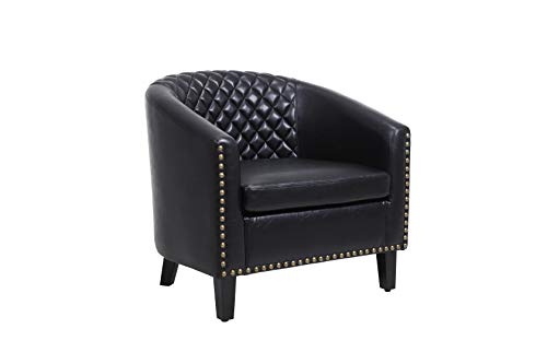 Black Leather Barrel Chair with Nail Head and Wood Legs W4456