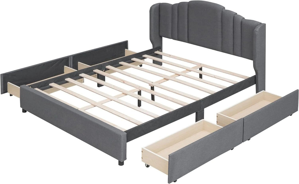 Queen Size Upholstered Platform Bed with Wingback Headboard and 4 Drawers I7362