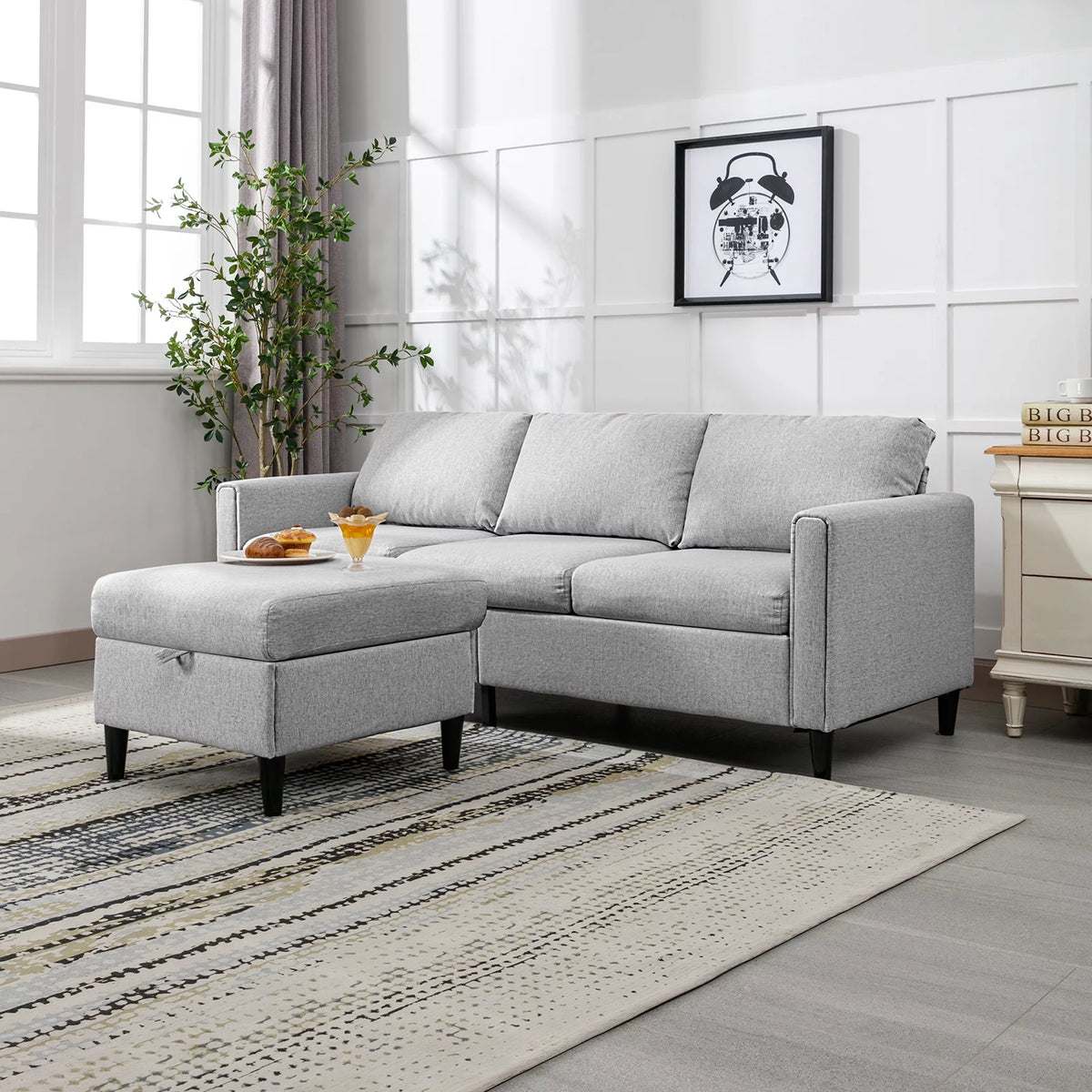 Small Sectional Sofa 3 Seater with Storage Ottoman Light Grey P484