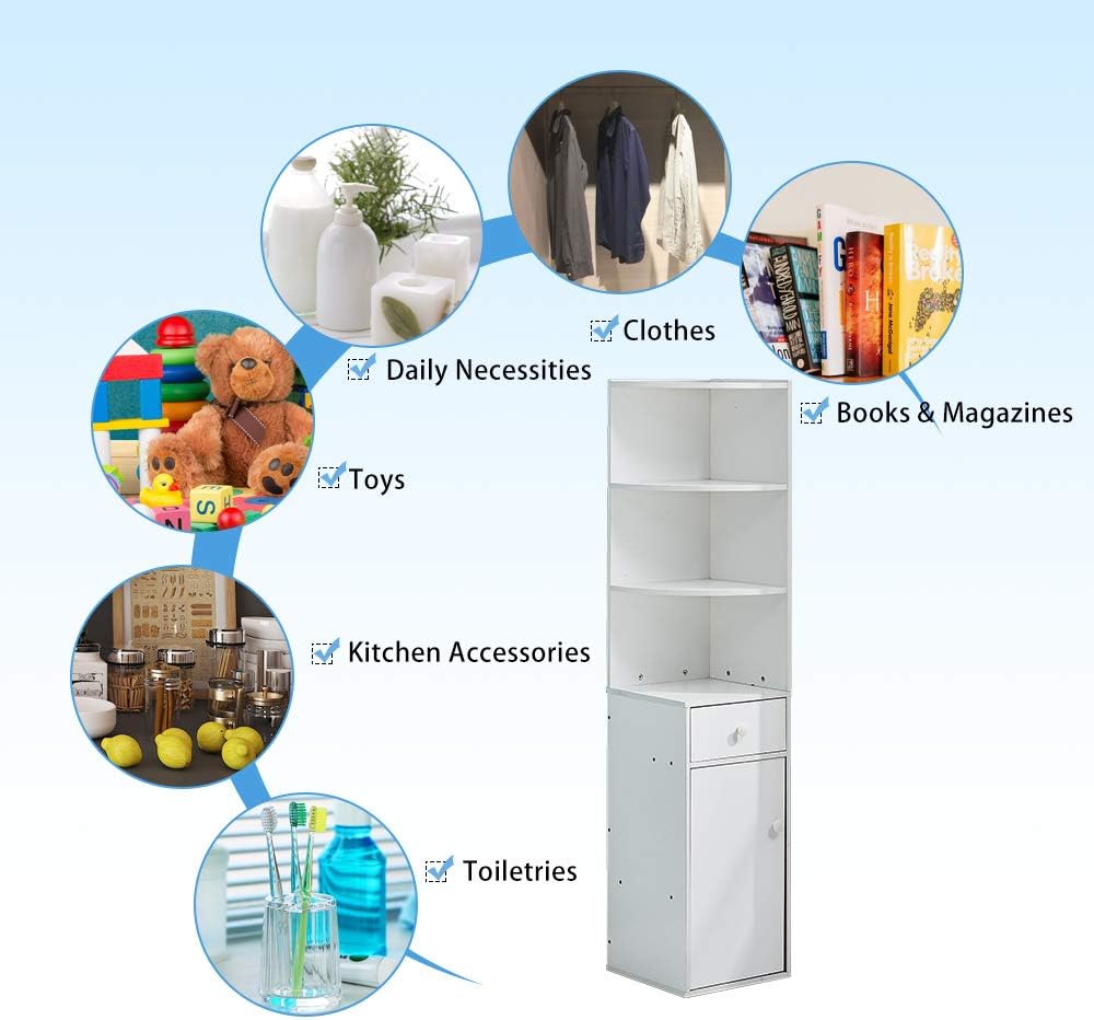 White Tall Corner Storage Cabinet with Doors and Three Tier Shelves E7782