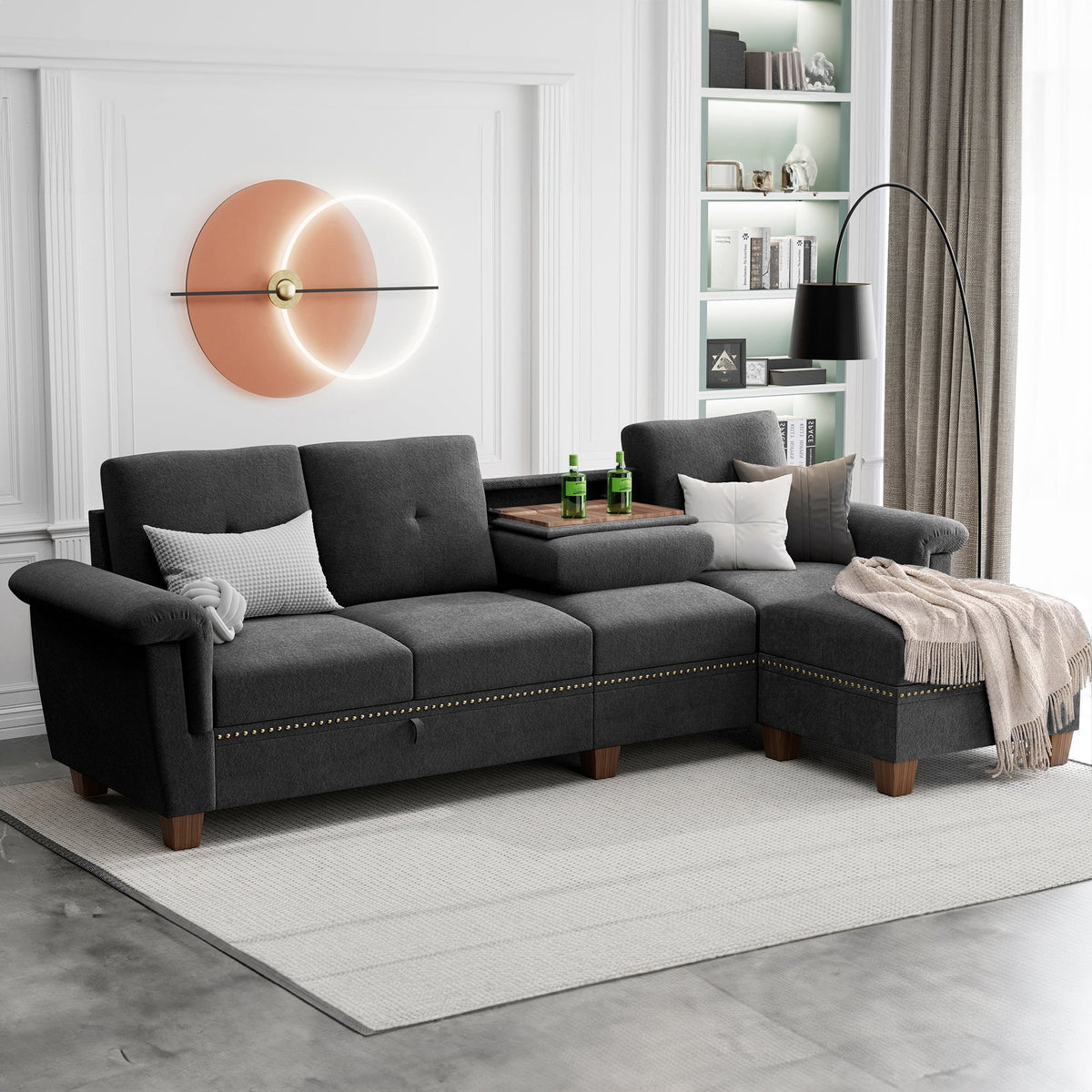 Black L Shaped Sectional Sofa with Storage Chaise L3884