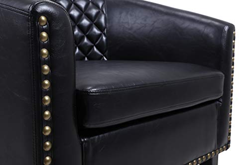 Black Leather Barrel Chair with Nail Head and Wood Legs W4456