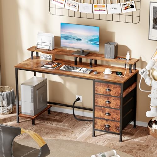 47" Computer Gaming Desk with Monitor Stand, 4 Fabric Drawers & Power Outlets, LED Lights, Rustic Brown R24202