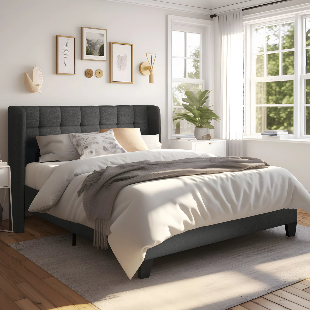 Queen Size Wingback Fabric Upholstered Platform Bed Frame X69525