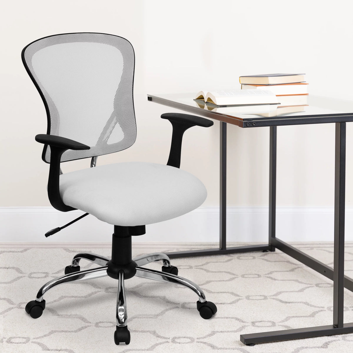 White Mesh Swivel Task Office Chair with Chrome Base and Arms B364