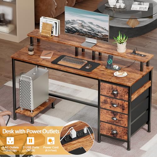 47" Computer Gaming Desk with Monitor Stand, 4 Fabric Drawers & Power Outlets, LED Lights, Rustic Brown R24202