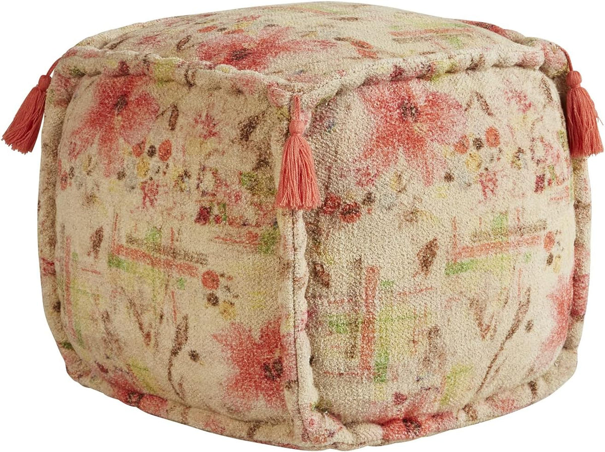 Floral Print Fabric Foot Stool Ottoman Pouf, 16" x 16" D830