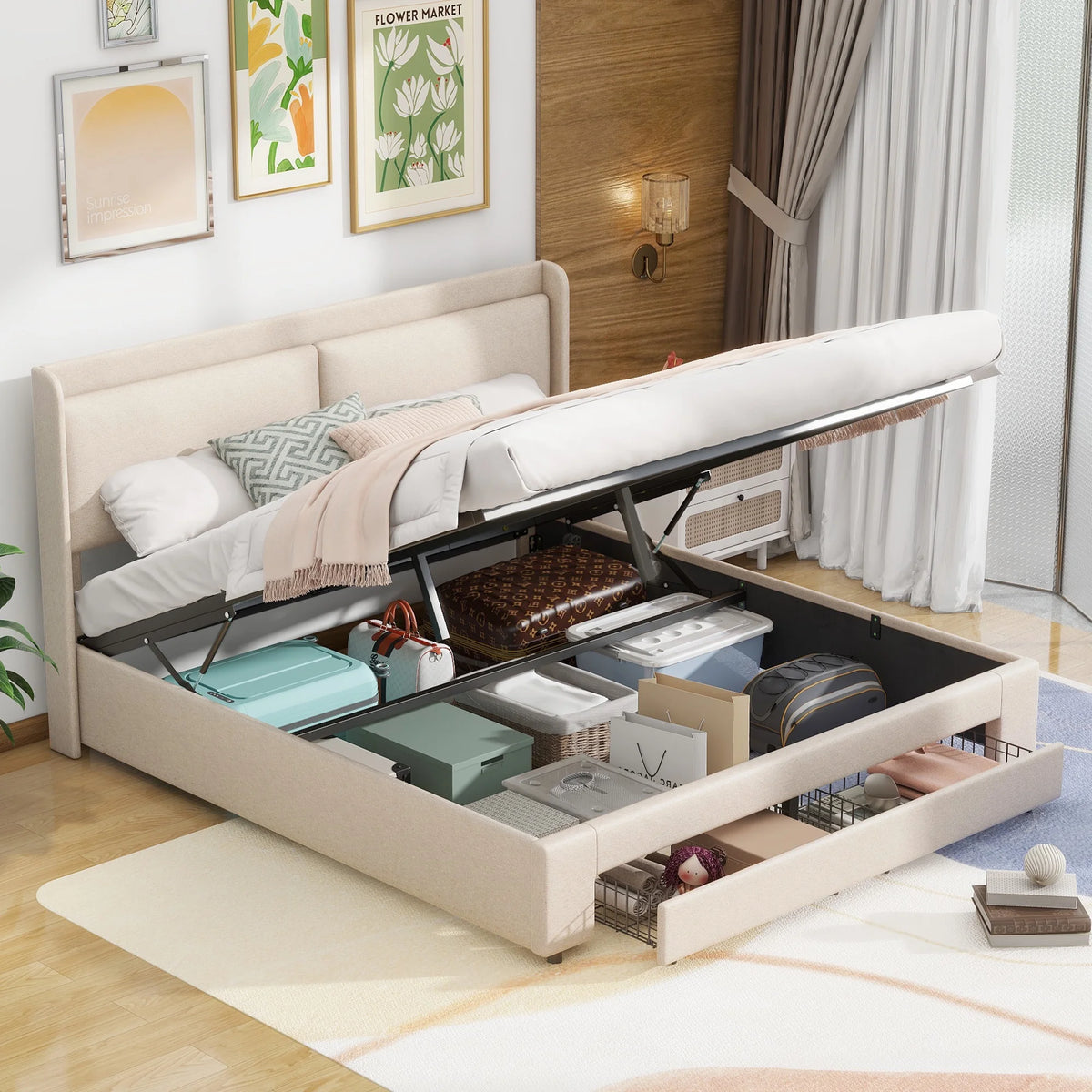 Queen Size Upholstered Wood Platform Bed with Storage and 2 Drawers L4164