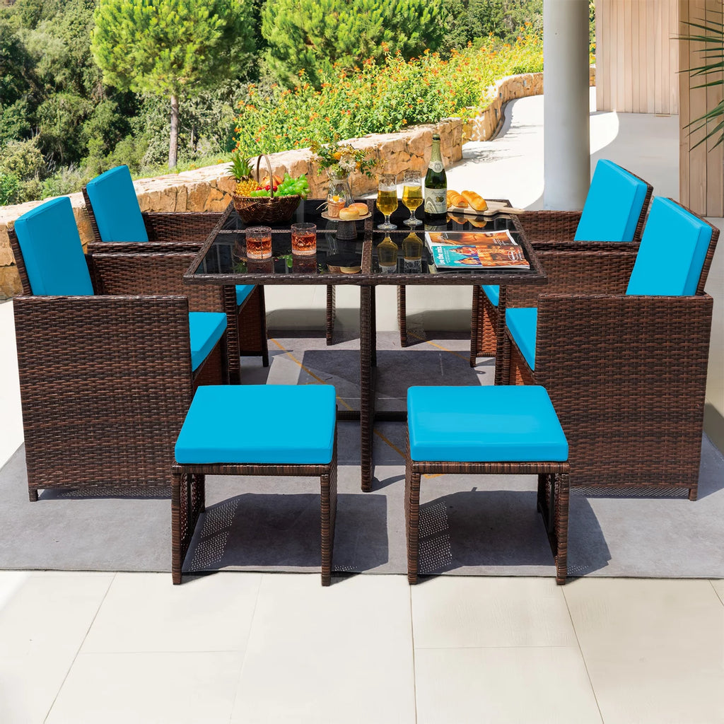 9 Pieces Outdoor Dining Set Wicker Chairs with Glass Table D8796