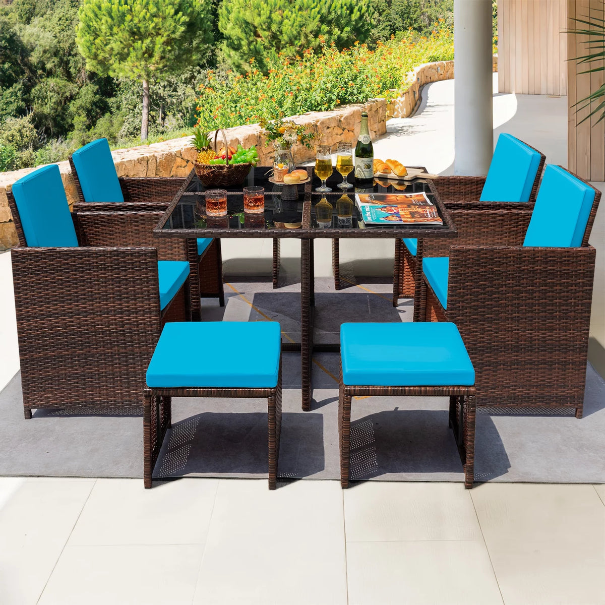 9 Pieces Outdoor Dining Set Wicker Chairs with Glass Table D8796