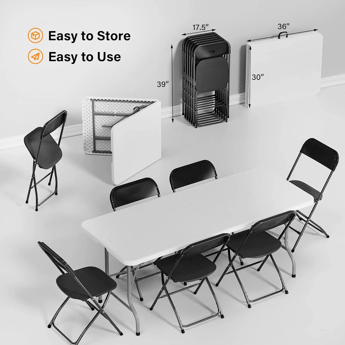 6 FT Plastic Folding Table with 8 Black Folding Chairs Z655255