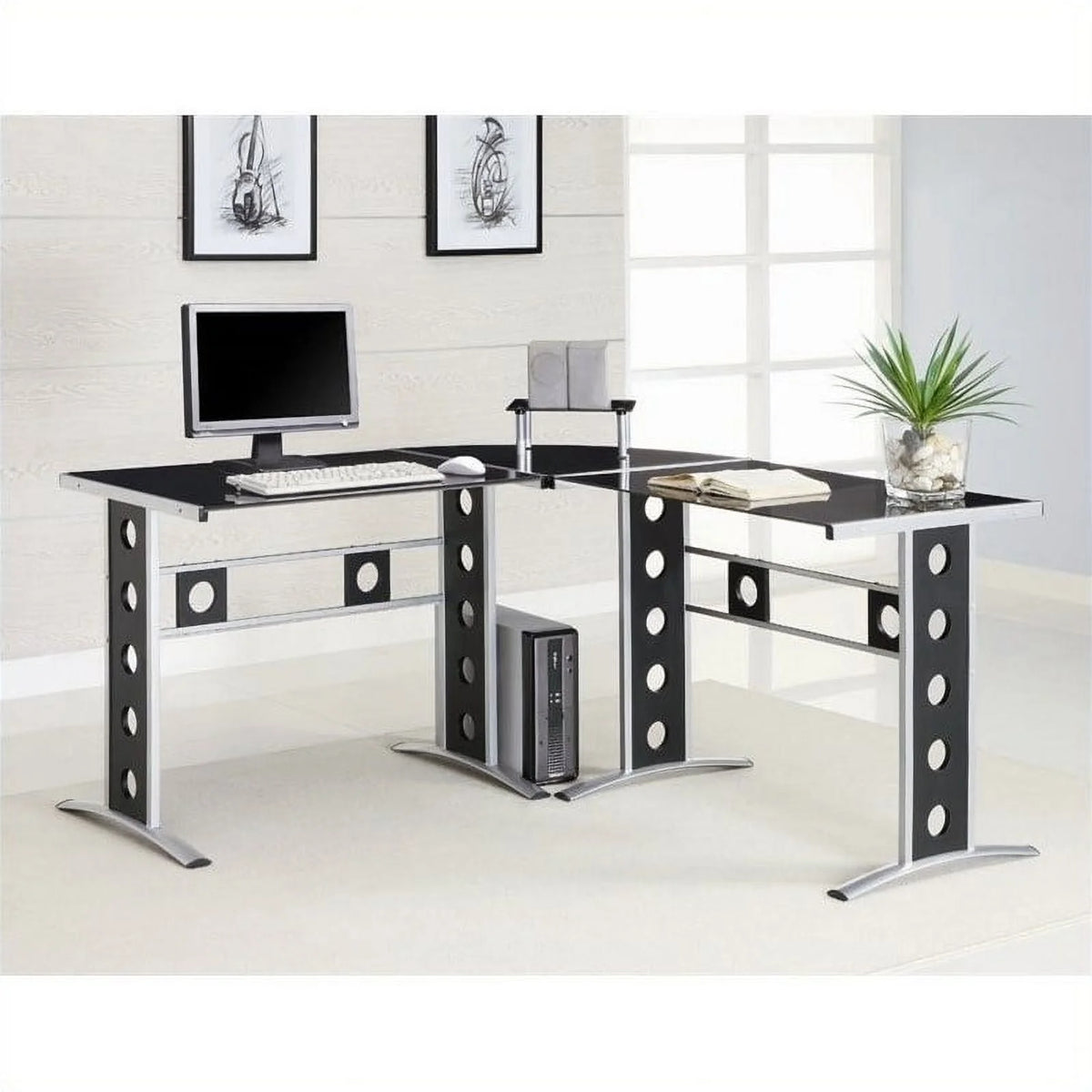 2PC Office Set with Chair and L Shape Computer Desk in Black J94971