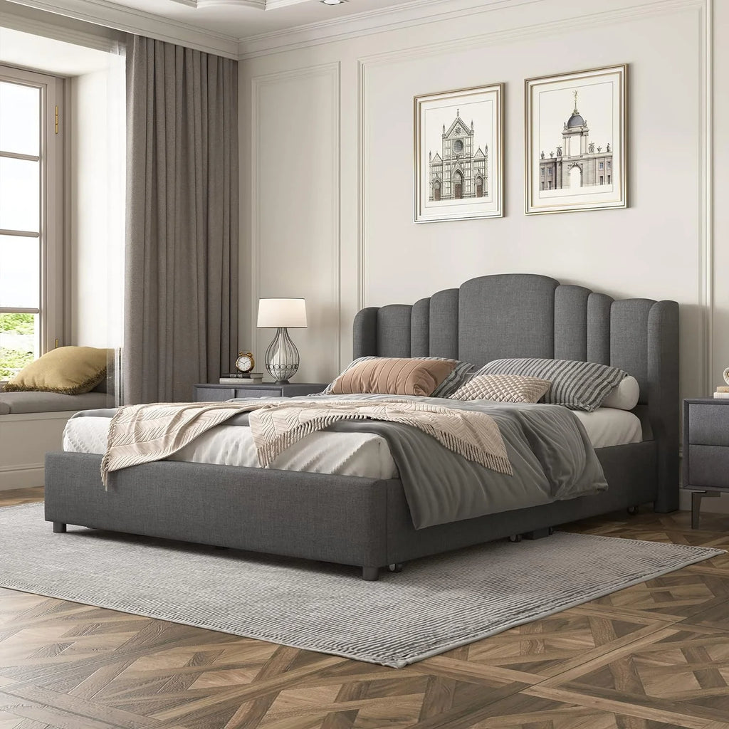 Queen Size Upholstered Platform Bed with Wingback Headboard and 4 Drawers I7362