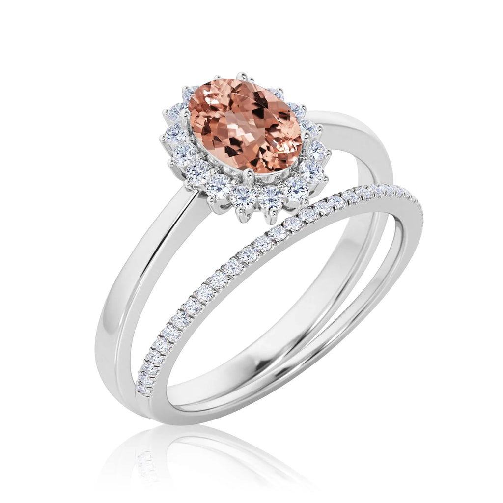 2.00 Carat Oval Morganite And Diamond Moissanite Engagement Ring With Matching Band in 925 Sterling Silver U483790