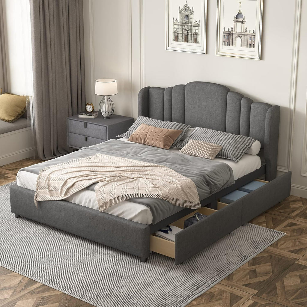 Queen Size Upholstered Platform Bed with Wingback Headboard and 4 Drawers I7362