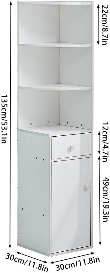 White Tall Corner Storage Cabinet with Doors and Three Tier Shelves E7782