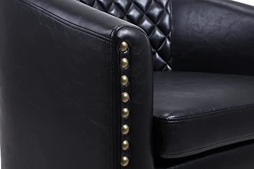 Black Leather Barrel Chair with Nail Head and Wood Legs W4456