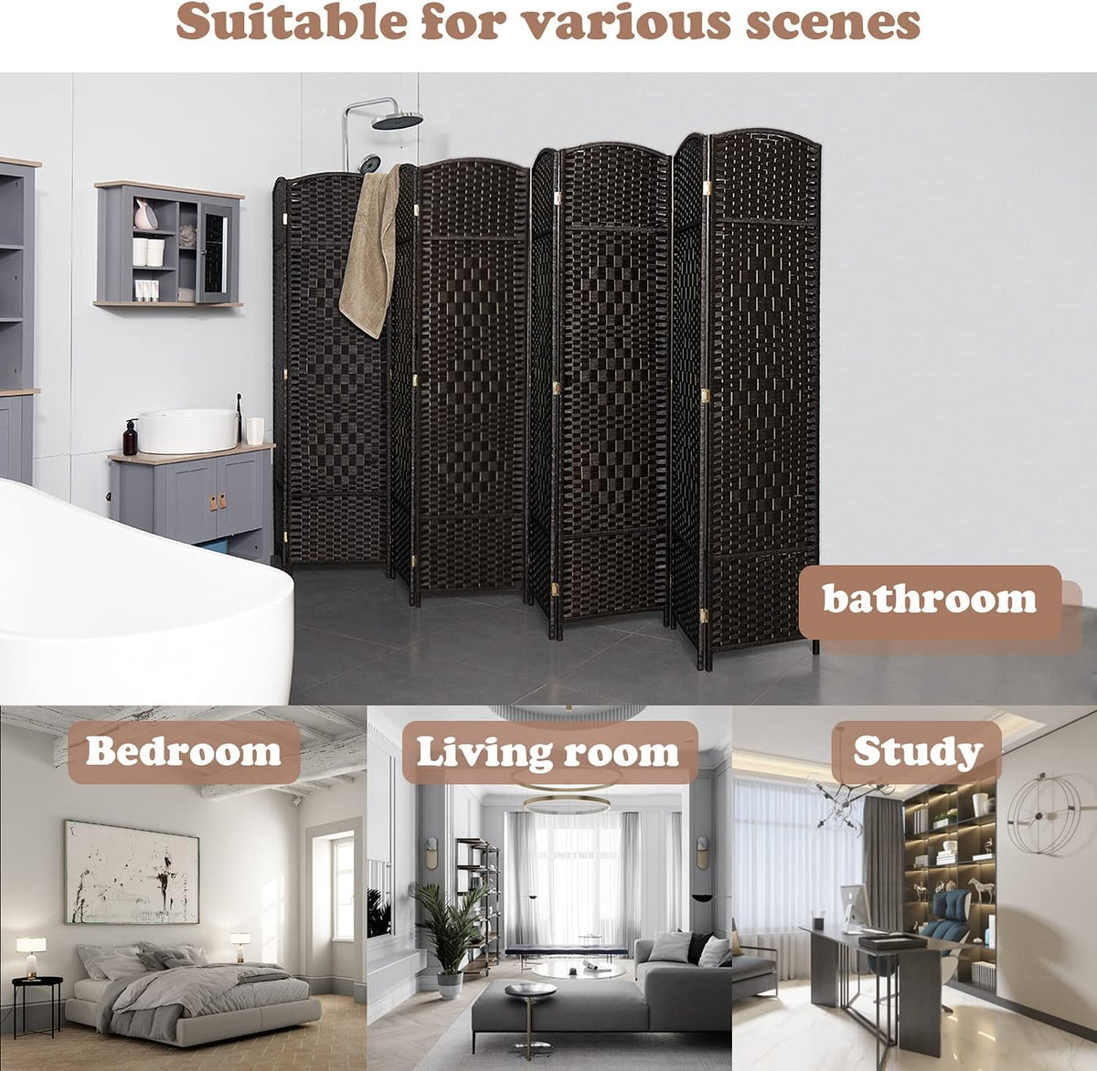 Coffee 8-Panel Tall Folding Privacy Screen D51056